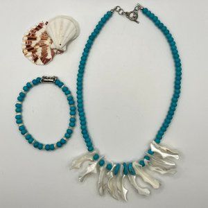 Turquoise & genuine Shell Choker NEW 19 inch with matching bracelet handmade